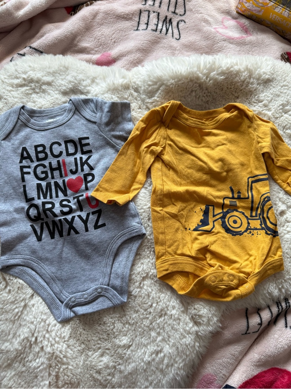 George Gray Alphabet Bodysuit & Mustard Yellow Tractor One-Piece